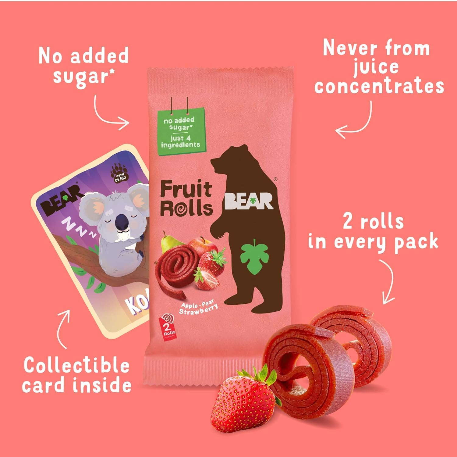 BEAR Real Fruit Snack Rolls strawberry vegan and non-GMO claim visible.