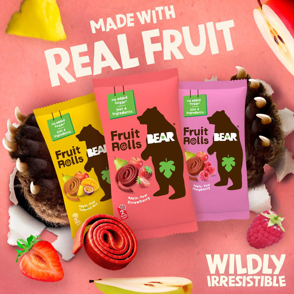 BEAR Real Fruit Snack Rolls raspberry pack highlighting gluten-free, vegan snack options for lunchboxes.