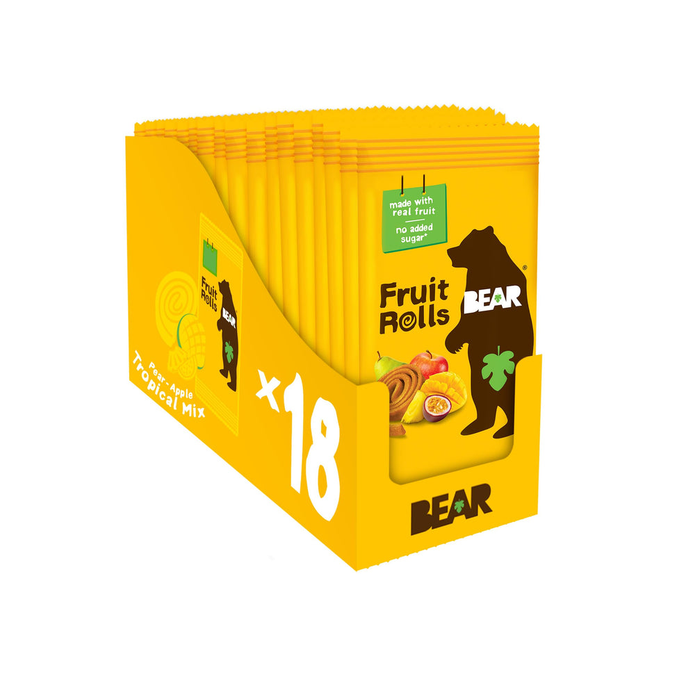 BEAR Real Fruit Snack Rolls tropical pack display, kid-friendly on-the-go snack