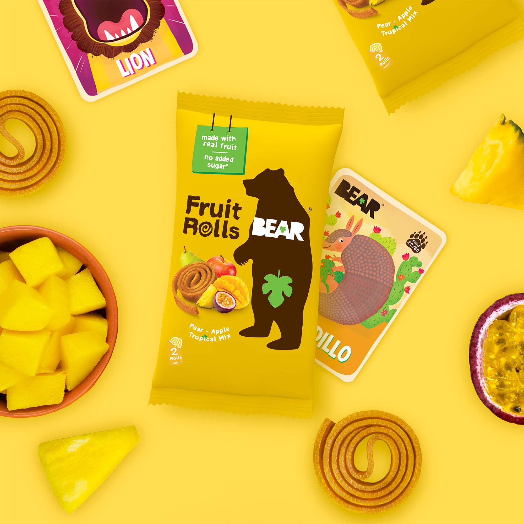 BEAR Real Fruit Snack Rolls tropical pack in-store display, ready for snacking