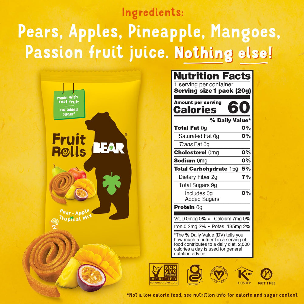 BEAR Real Fruit Snack Rolls tropical roll closeup, showcasing real fruit goodness