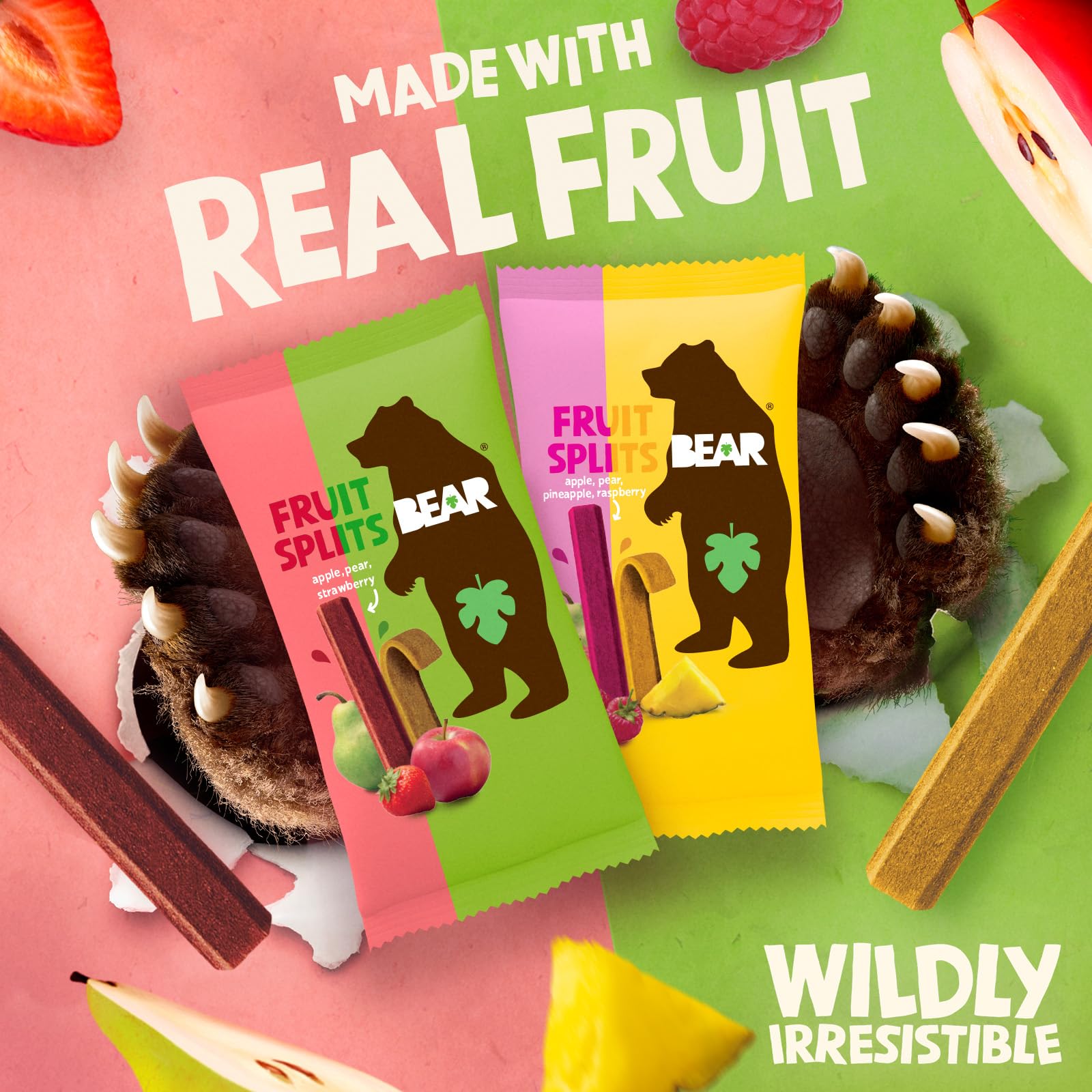 BEAR Real Fruit Snack Splits close-up on real fruit pieces.