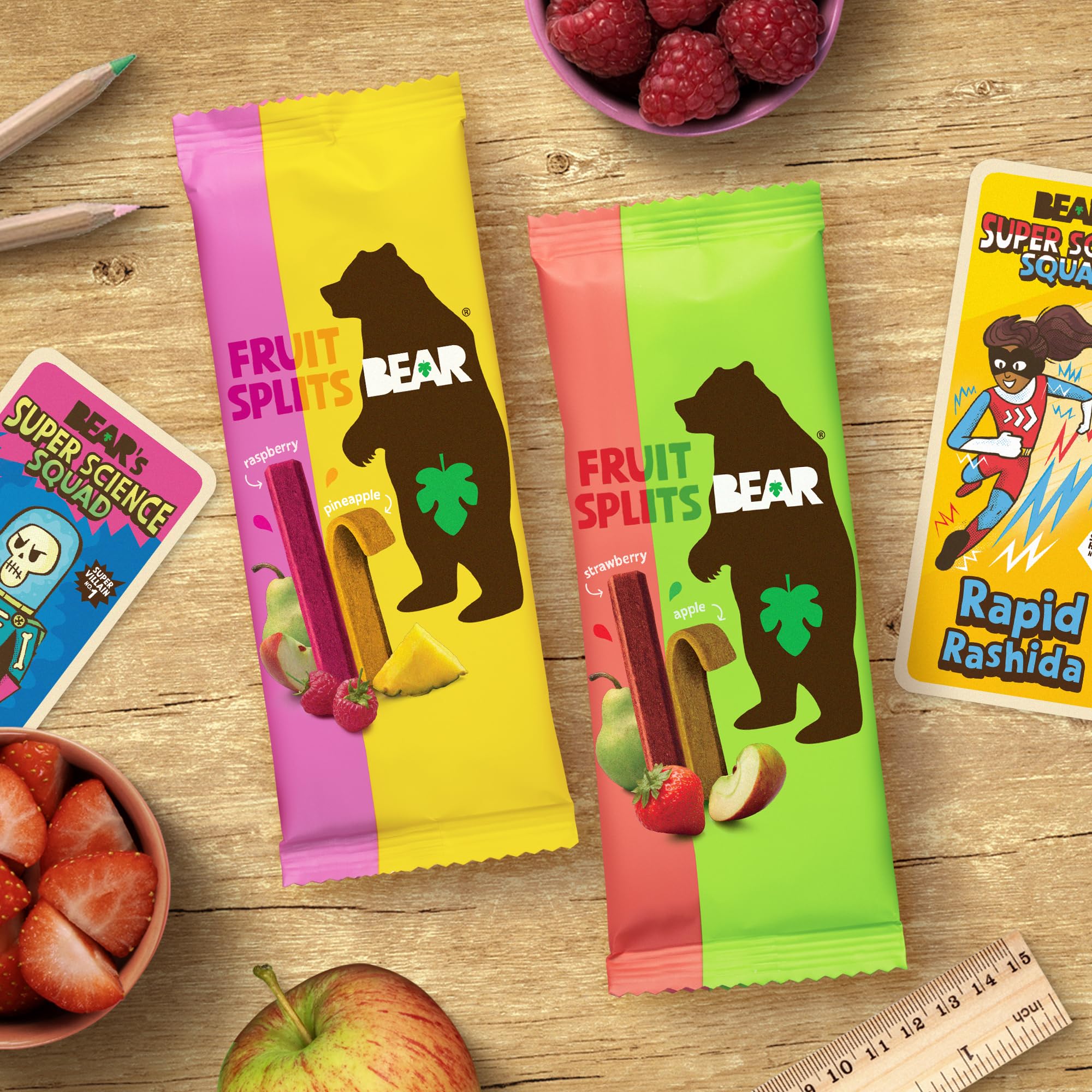 BEAR Real Fruit Snack Splits baked at low temp, high in fiber.