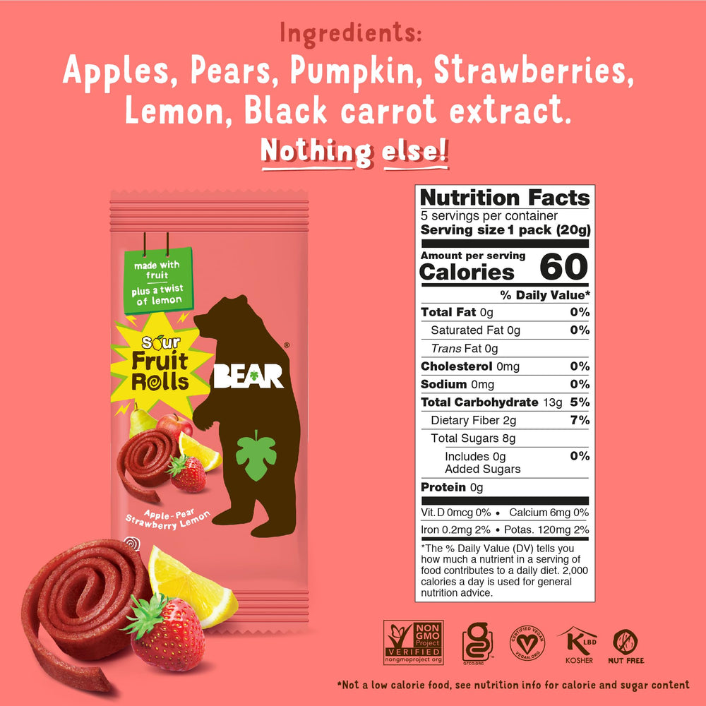 BEAR Sour Fruit Snack Rolls open pack showing shareable, kid-friendly snack