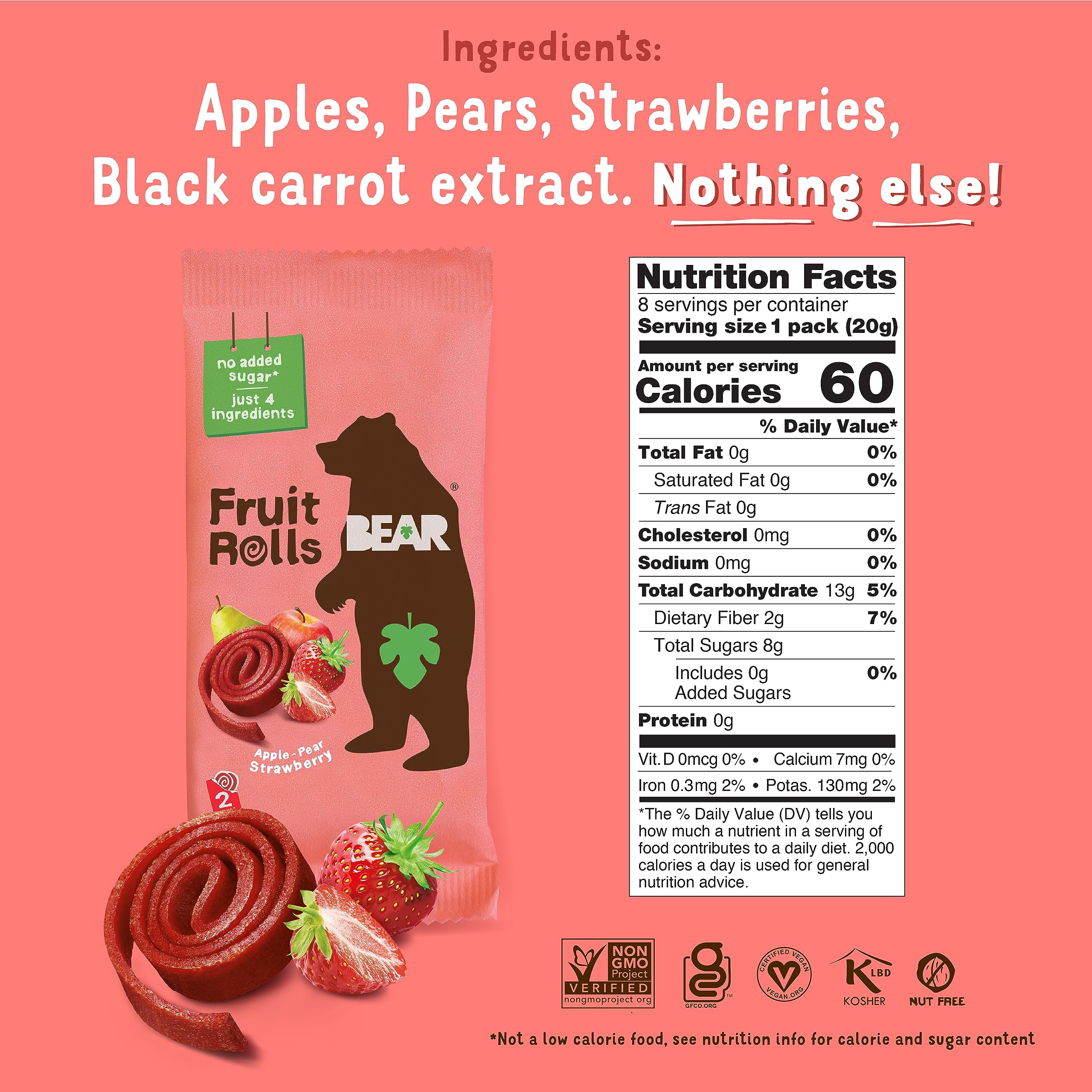 BEAR Strawberry Raspberry Fruit Rolls close-up of strawberry texture, natural fruit flavor.