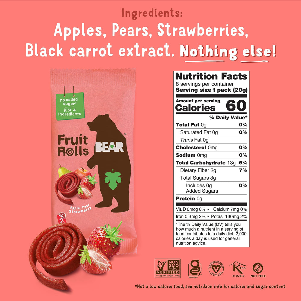 BEAR Strawberry Raspberry Fruit Rolls close-up of strawberry texture, natural fruit flavor.