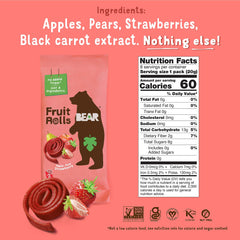 BEAR Strawberry Raspberry Fruit Rolls close-up of strawberry texture, natural fruit flavor.