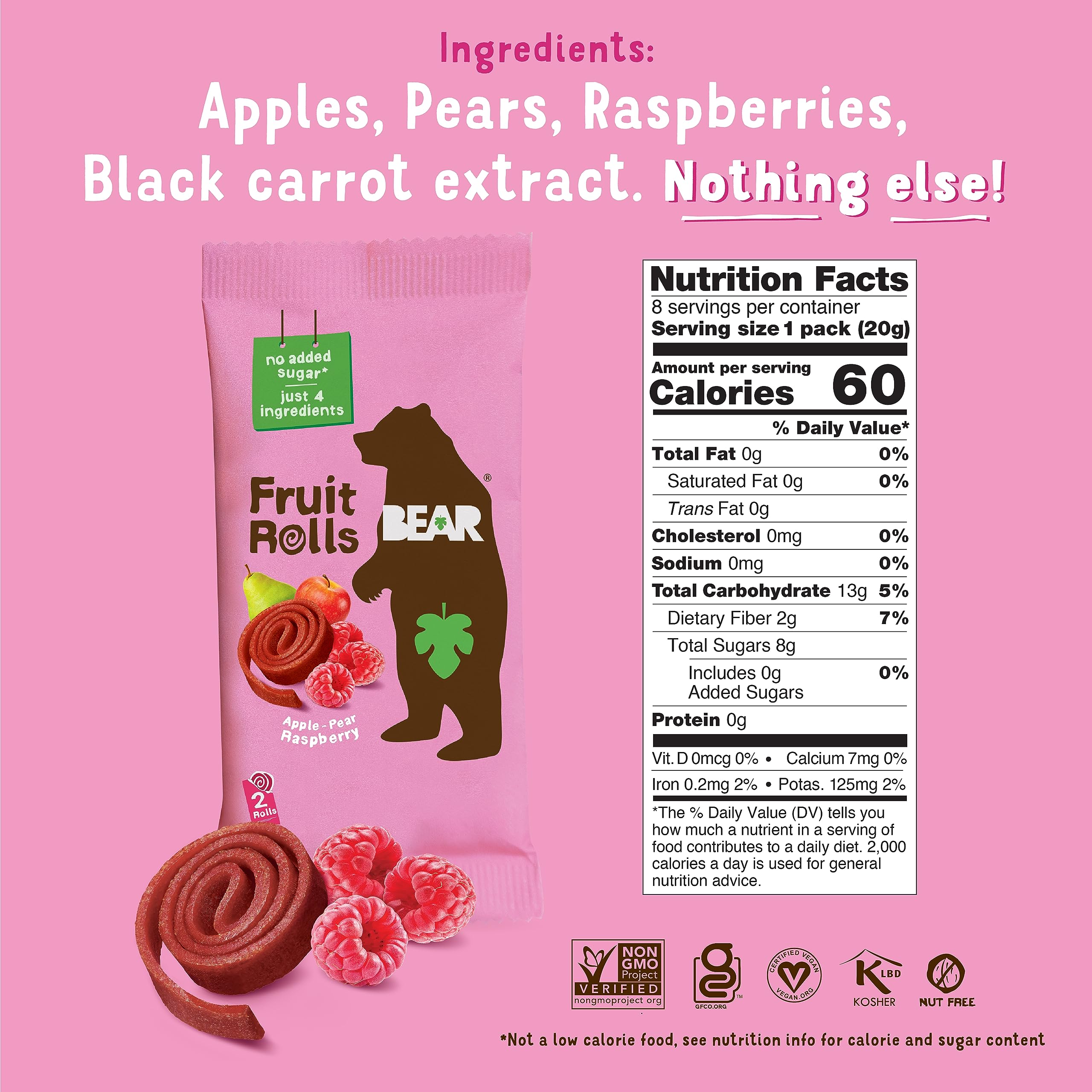 BEAR Strawberry Raspberry Fruit Rolls variety pack back label showing nutrition and claims.