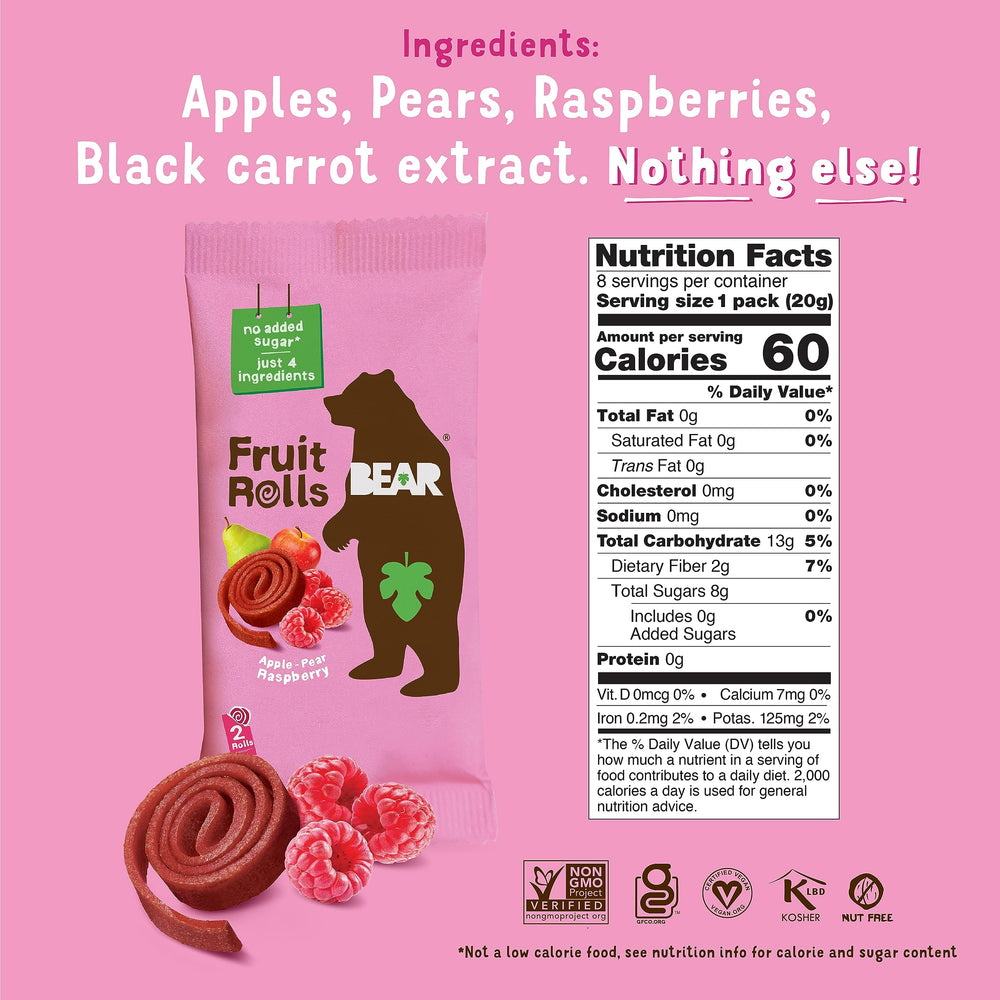 BEAR Strawberry Raspberry Fruit Rolls variety pack back label showing nutrition and claims.