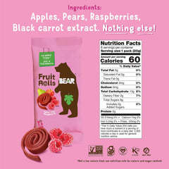 BEAR Strawberry Raspberry Fruit Rolls variety pack back label showing nutrition and claims.