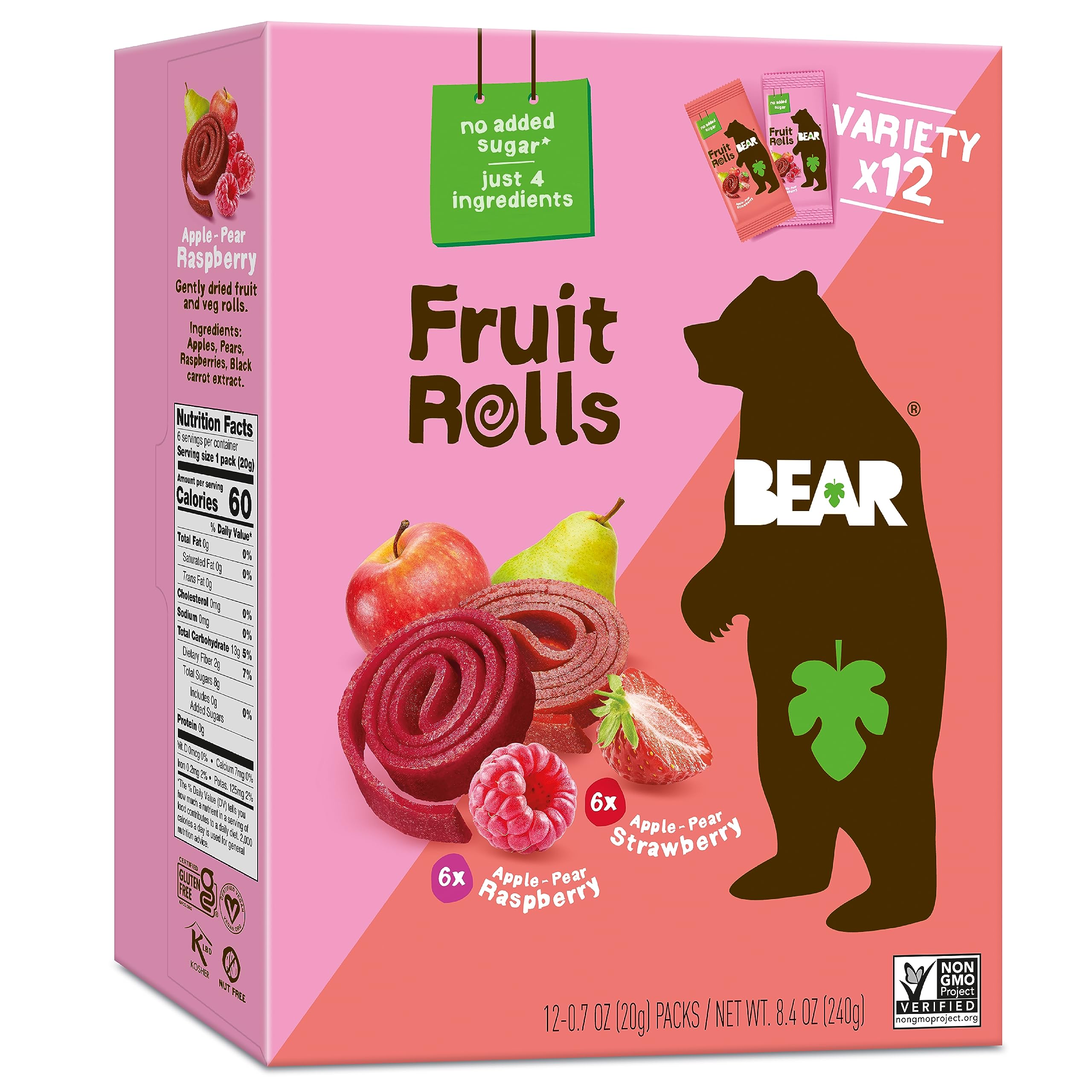 BEAR Strawberry Raspberry Fruit Rolls variety pack front view, convenient lunchbox snack.
