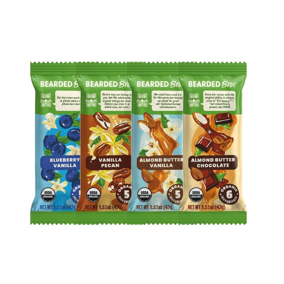 Bearded Brothers organic vegan energy bars packaging, gluten-free snack for on-the-go.