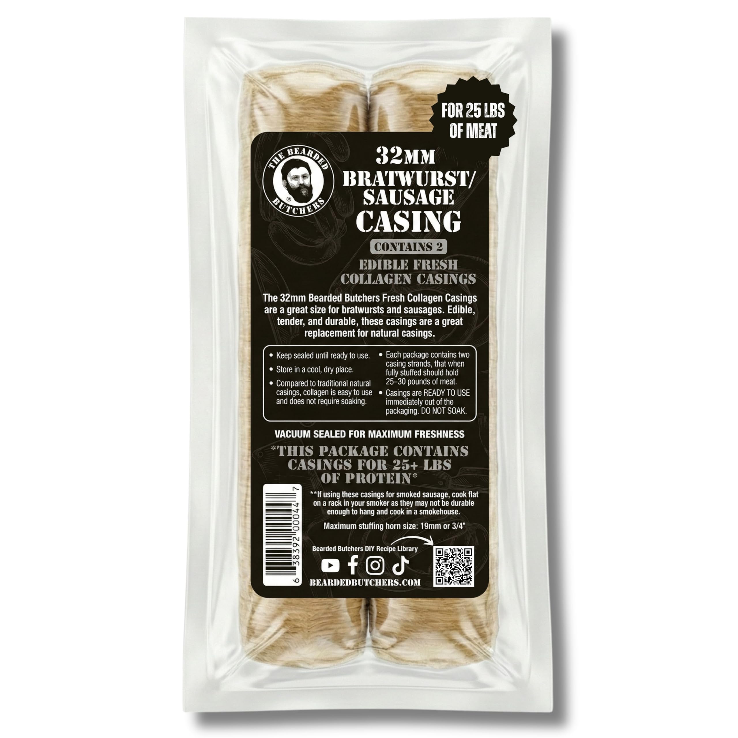 Bearded Butchers 32mm fresh edible collagen casings ready to use for bratwurst and Italian sausage