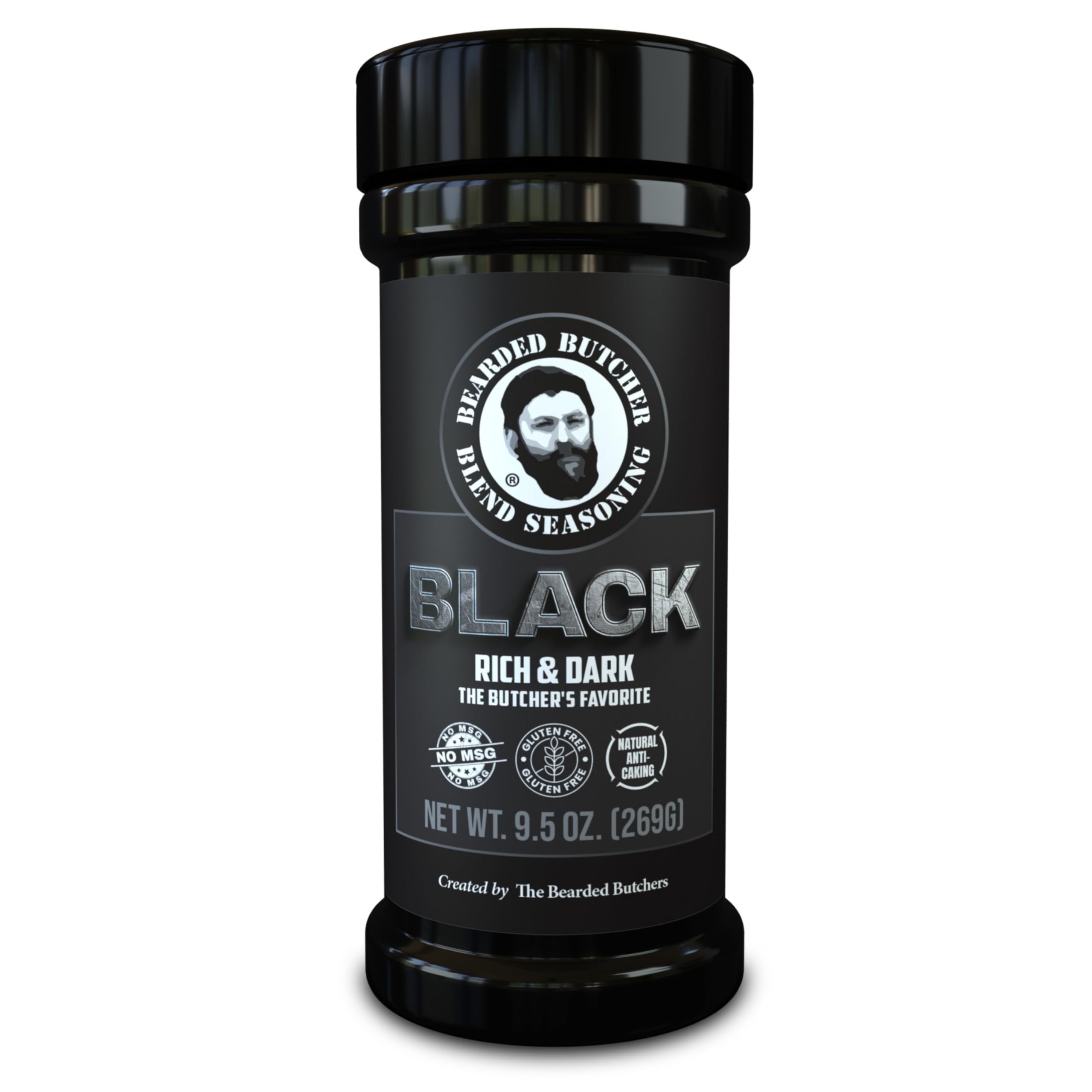 Bearded Butcher Black Blend jar close-up, rich color and natural ingredients for robust grilling.