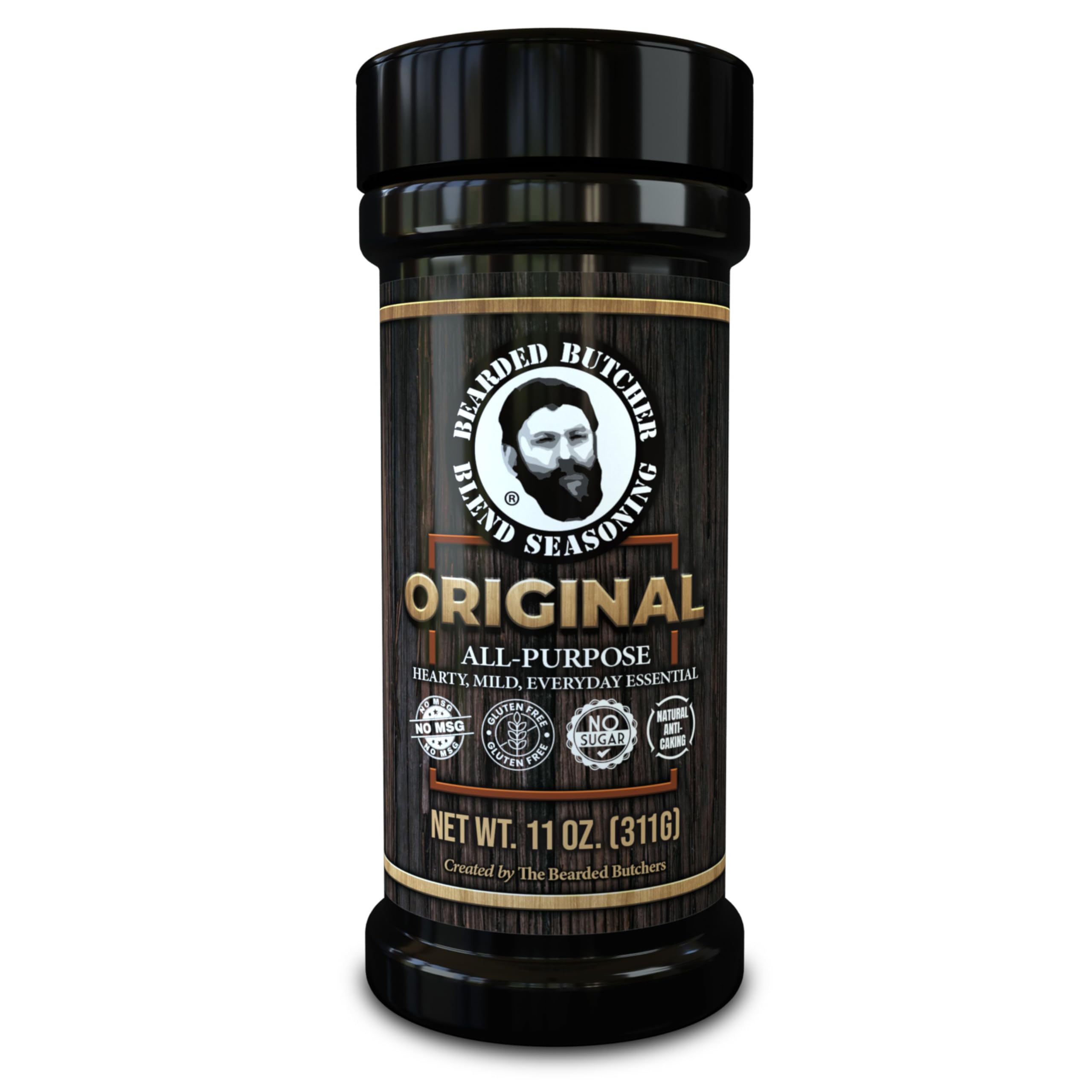 Bearded Butcher Blend Original Seasoning jar enhances meat flavor for rich, balanced dinners