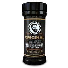Bearded Butcher Blend Original Seasoning jar enhances meat flavor for rich, balanced dinners