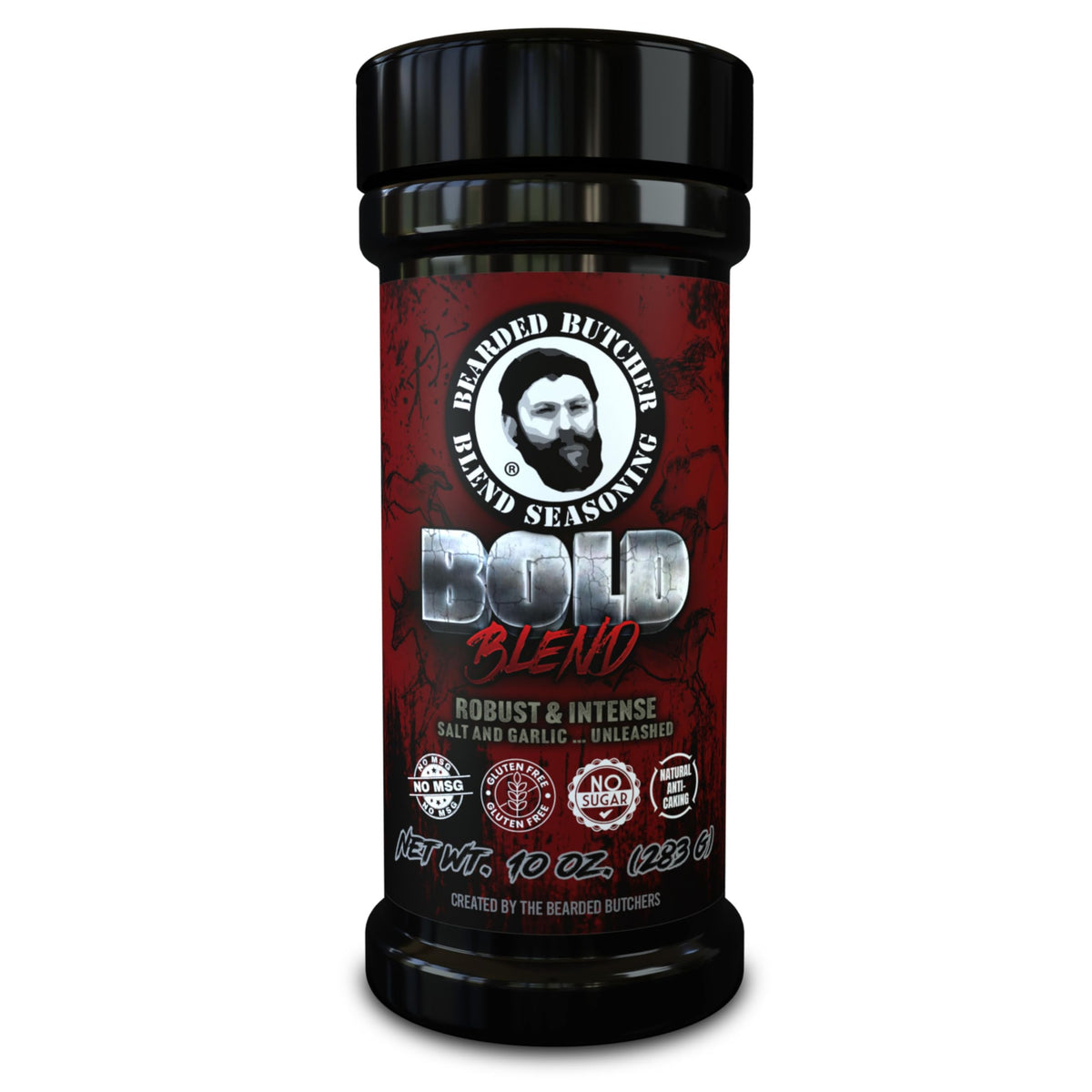 Bearded Butcher Bold Blend bottle ready to season meats with bold, savory flavor.
