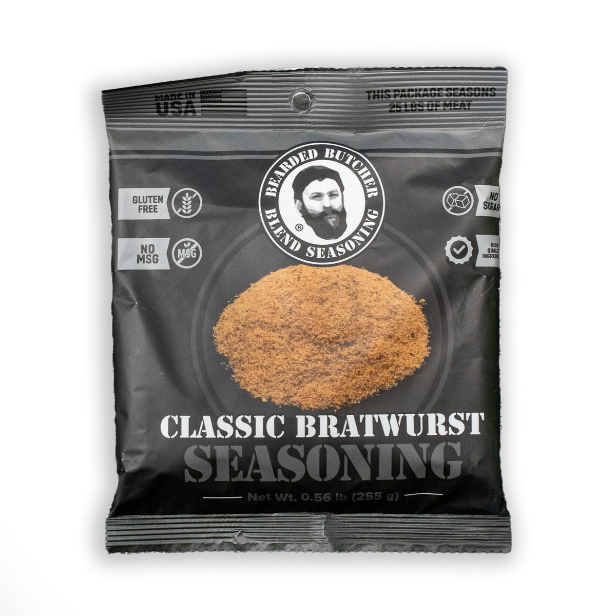 Bearded Butchers Classic Bratwurst Seasoning jar ready for authentic flavor