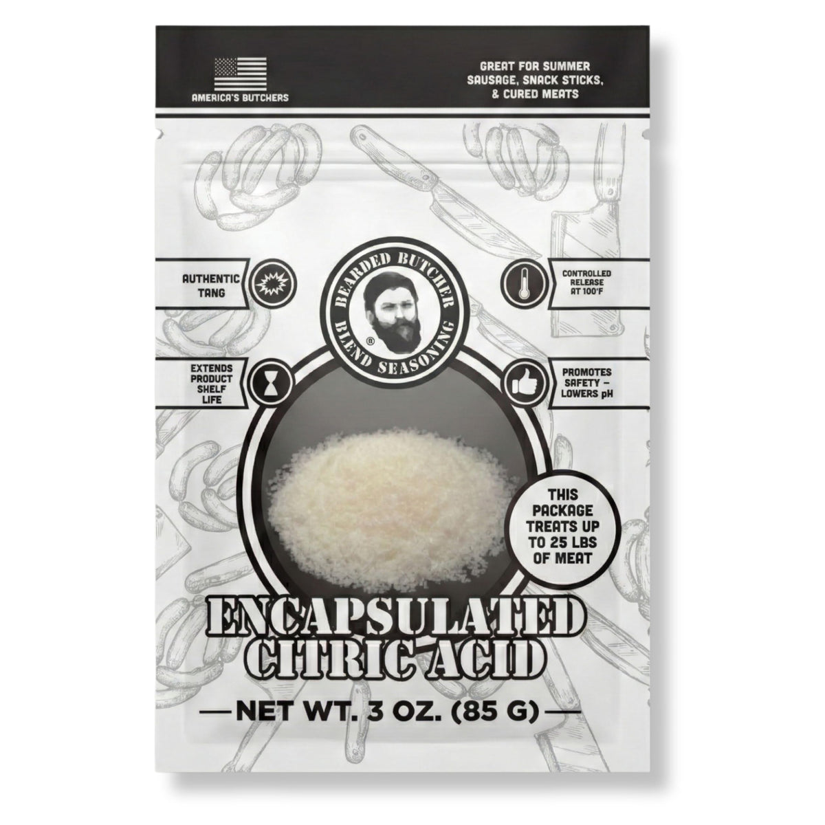 Bearded Butchers encapsulated citric acid package front adds tang to homemade sausages.