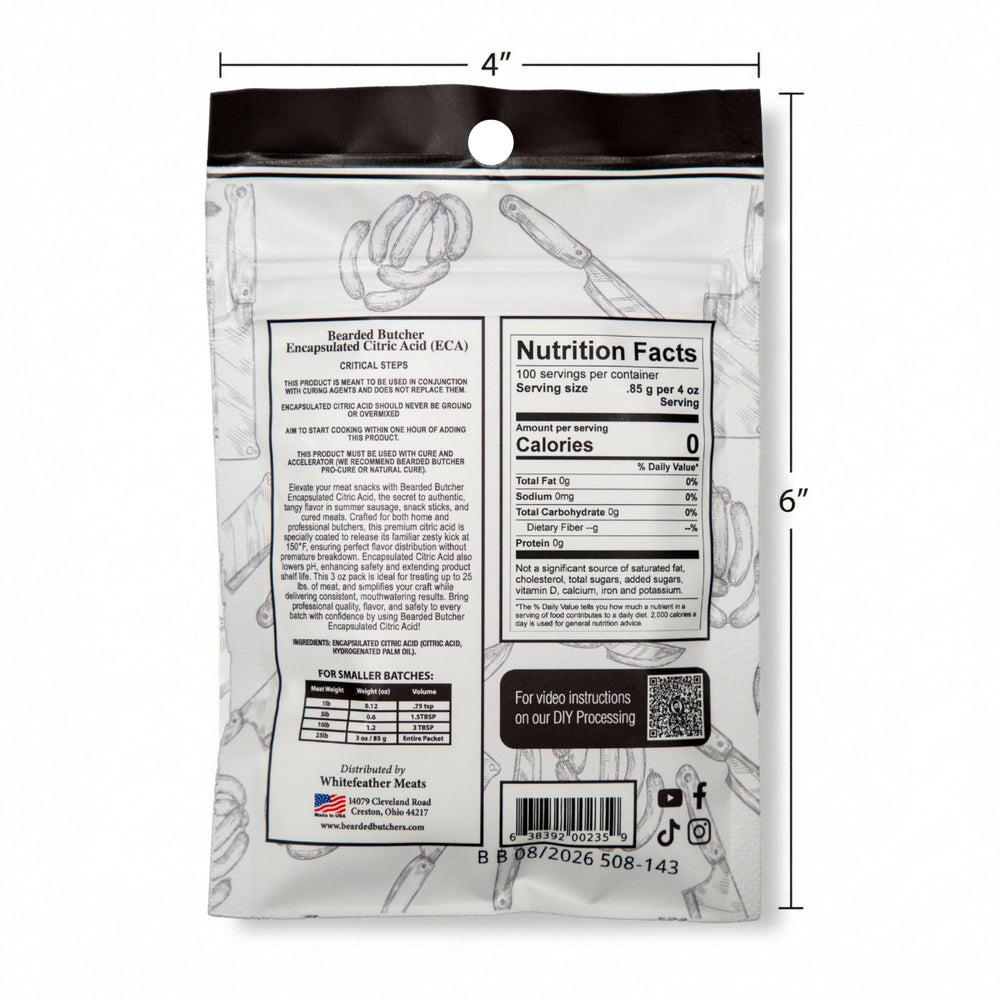 Bearded Butchers encapsulated citric acid packet closeup highlights controlled release at 150°F.