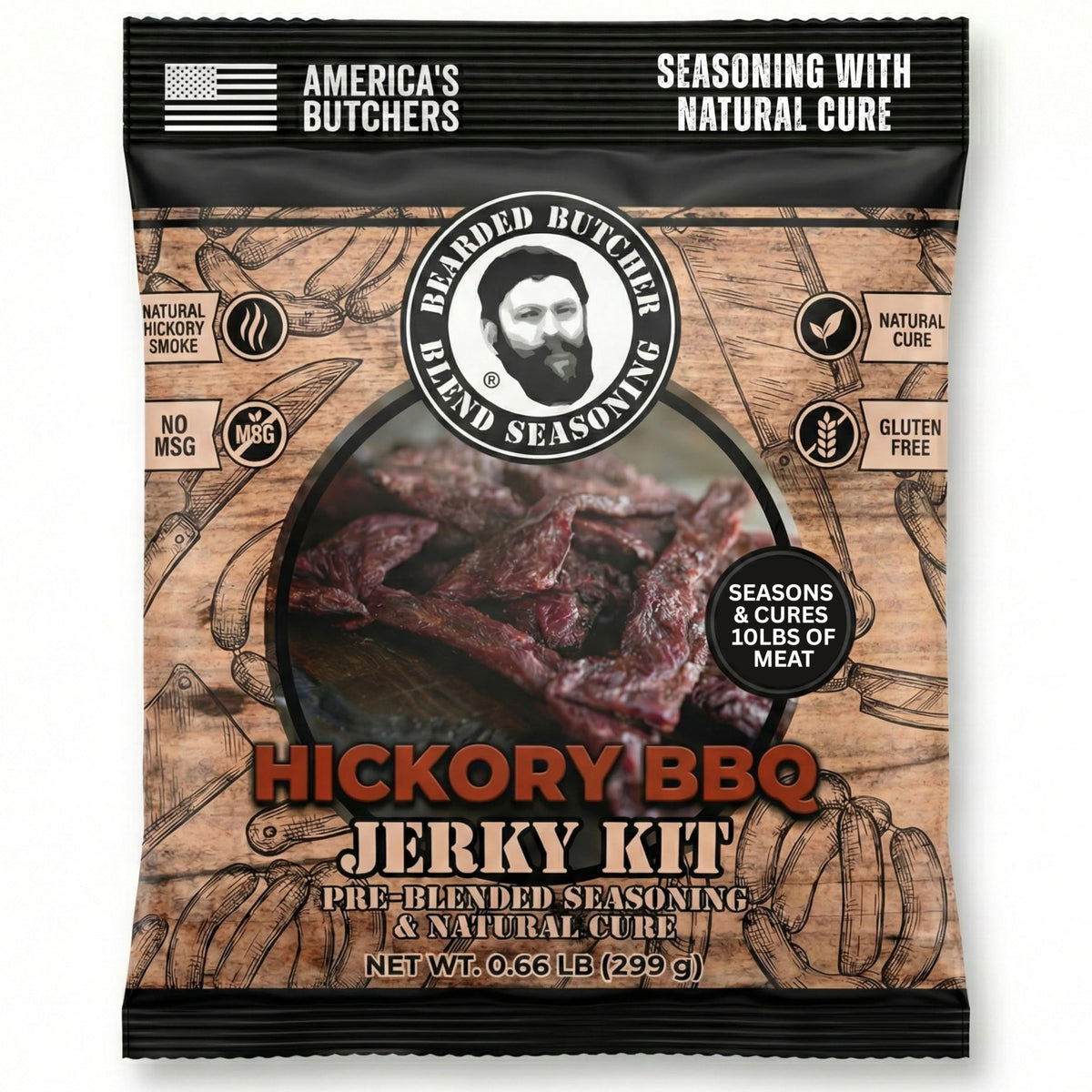 Bearded Butcher Hickory BBQ jerky seasoning packet ready to mix for 10 pounds.