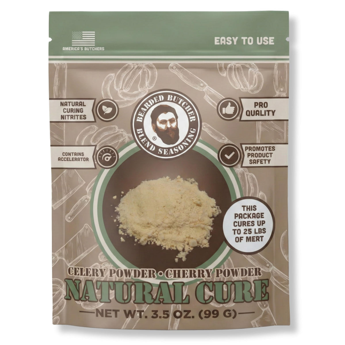Bearded Butchers Natural Cure packet label shows a clean, natural curing option for home meat.