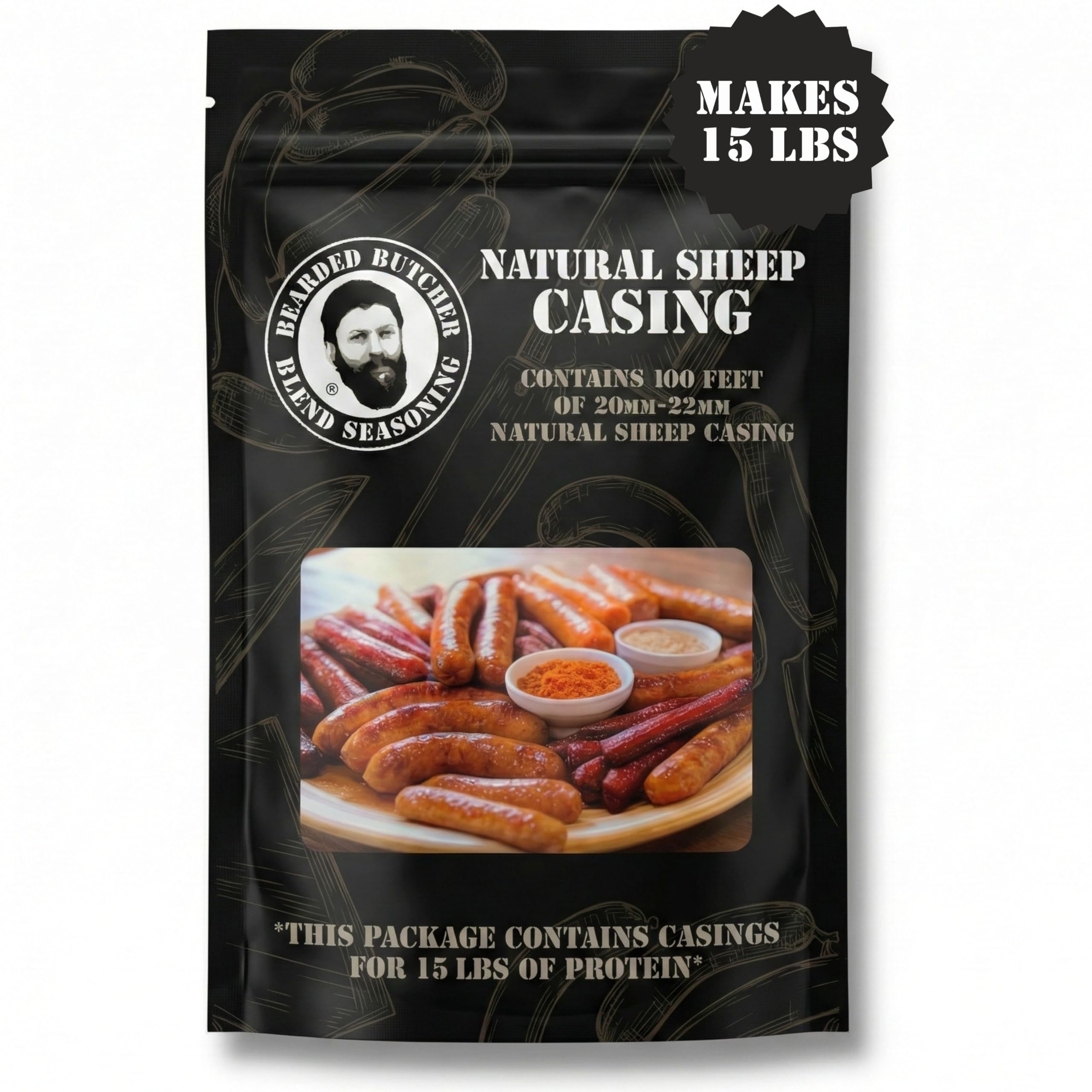Bearded Butchers natural sheep casings 20-22mm pack, ideal for traditional sausage making.