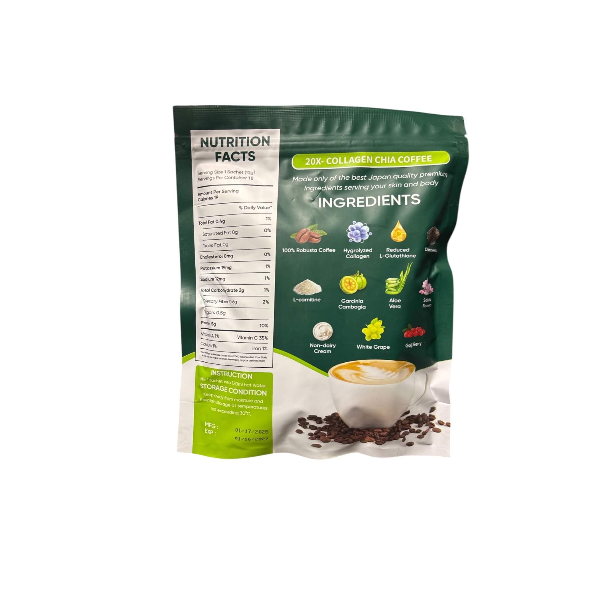 FITGUM 20X Collagen Chia Coffee box front showcasing 11 in 1 formula.