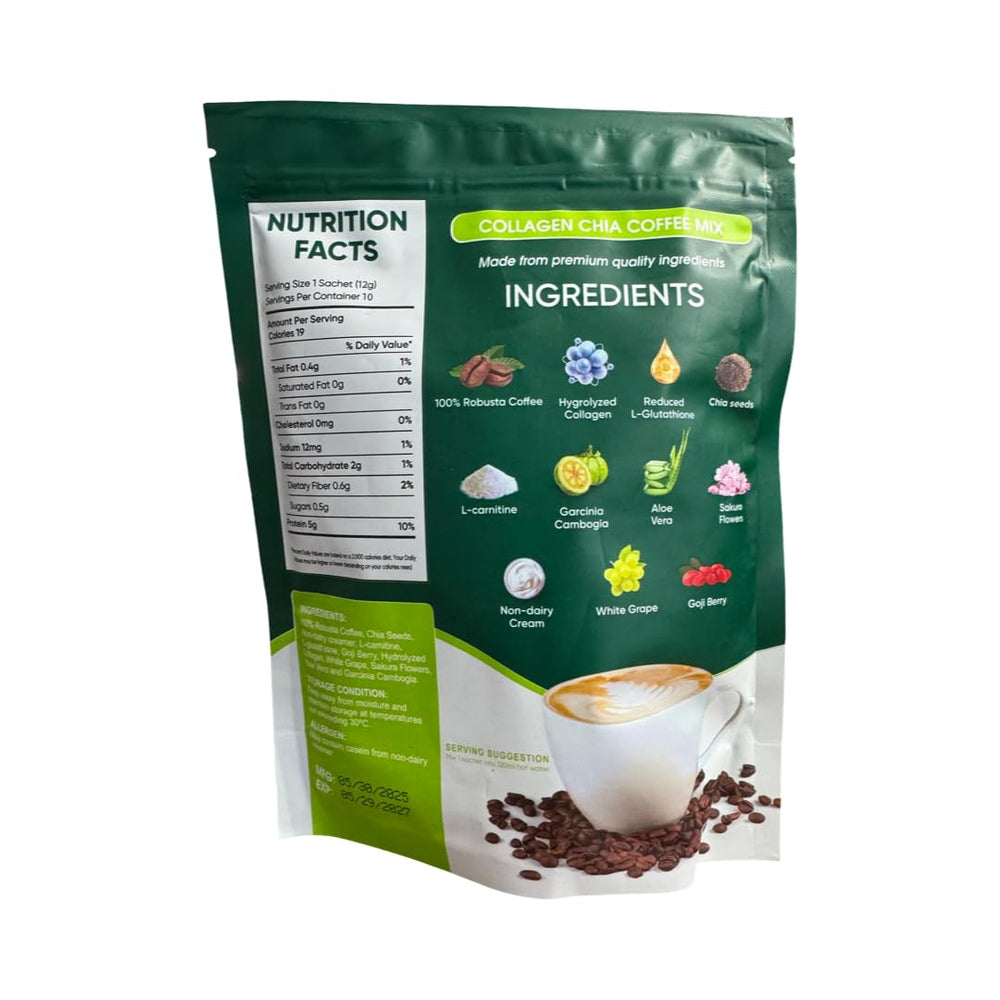 Sachets of Beauty Milk FITGUM Collagen Chia Coffee laid out for quick prep