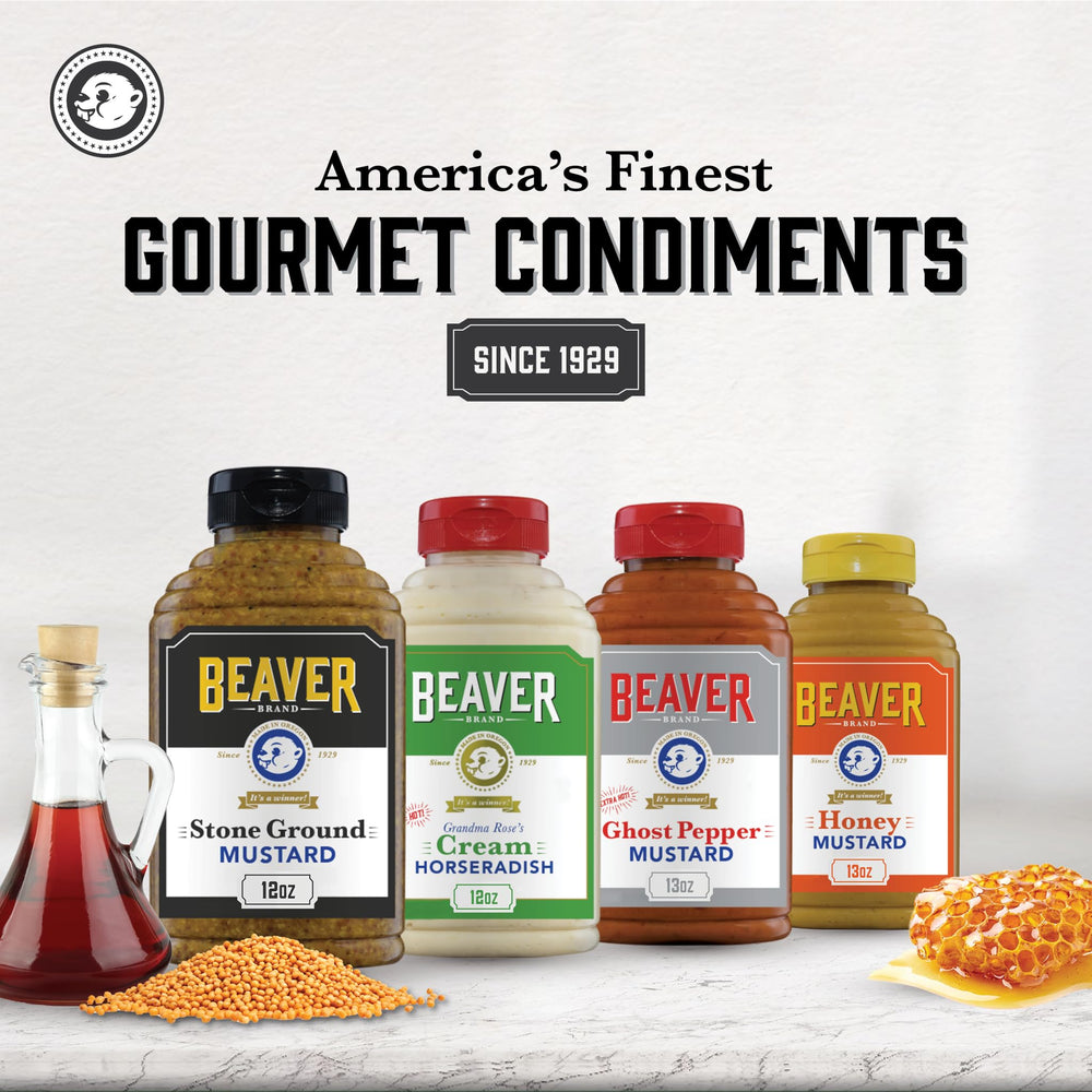 Beaver Brand mustard paired with bratwurst for robust dining