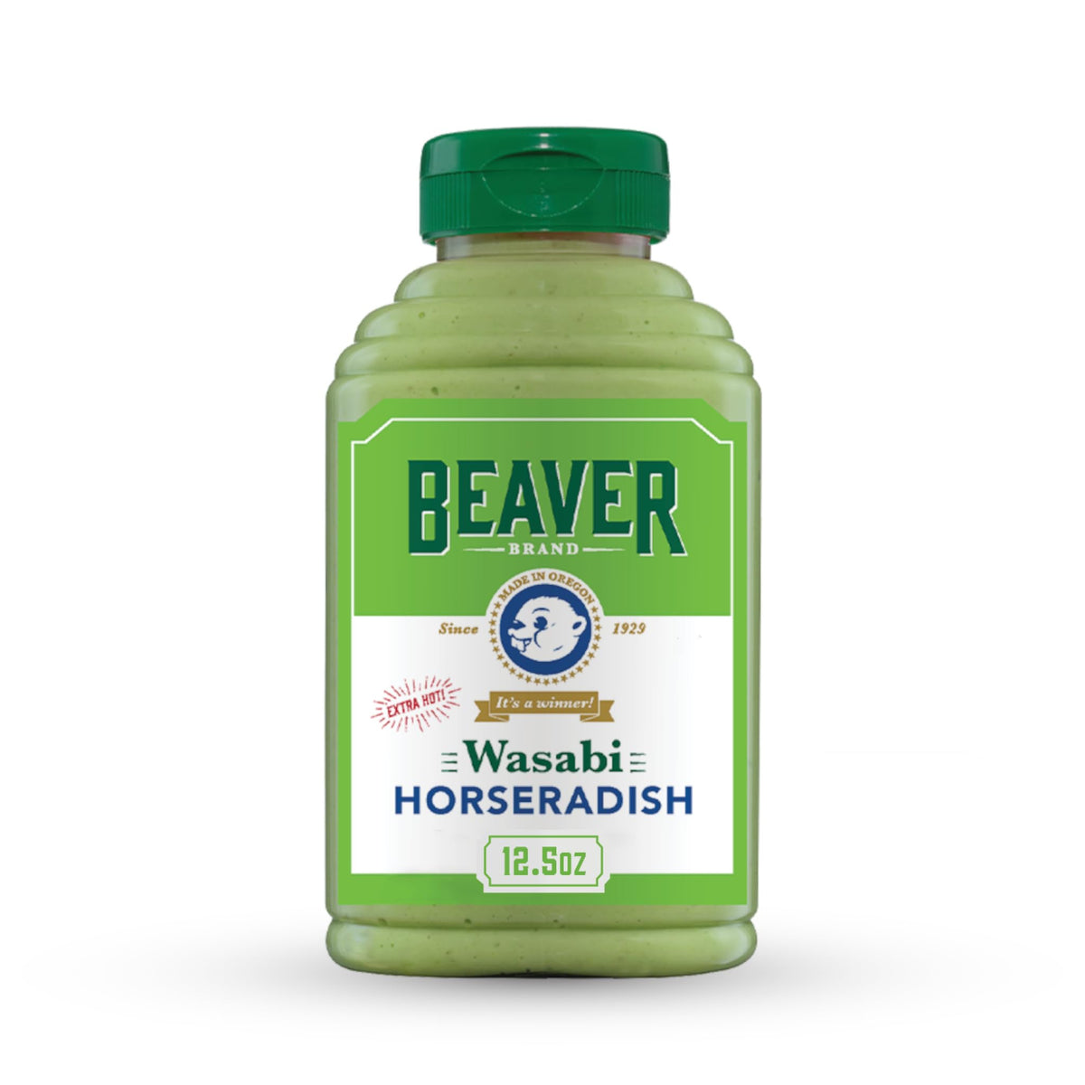 Beaver Extra Hot Wasabi Horseradish Sauce bottle for bold heat on sandwiches.