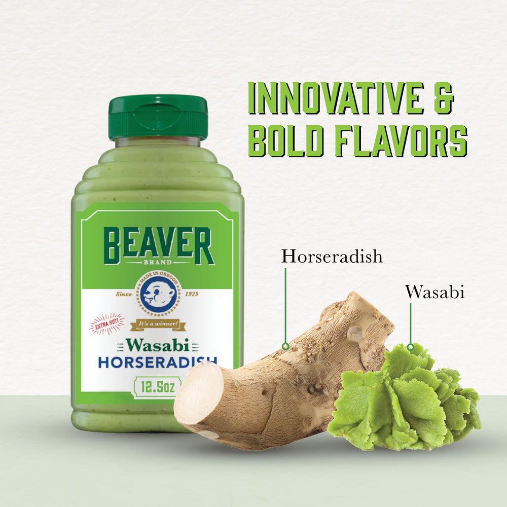 Beaver Extra Hot Wasabi Horseradish Sauce dip for sushi and crab cakes.