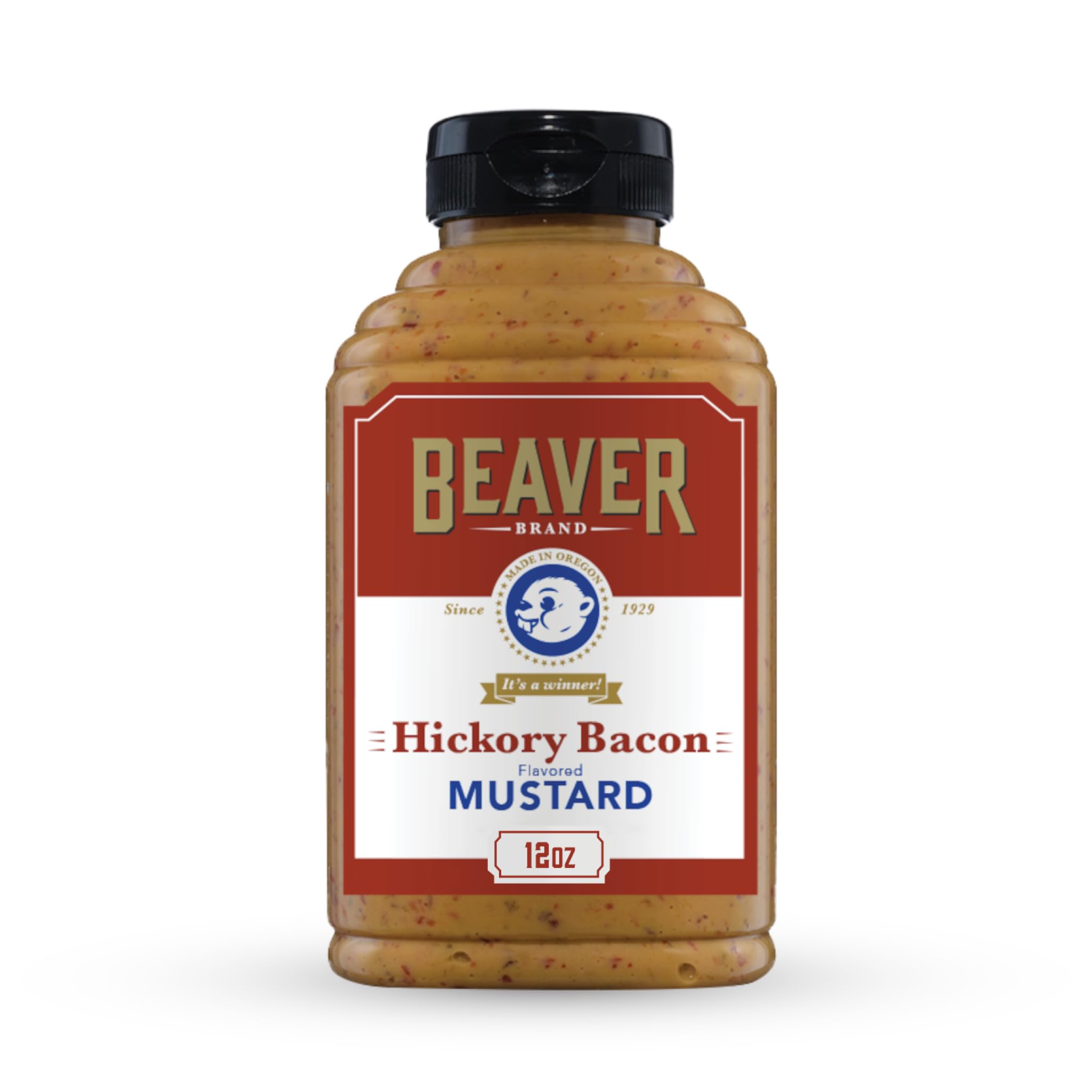 BEAVER Hickory Bacon Mustard bottle pour highlights smoky bacon flavor for sandwiches