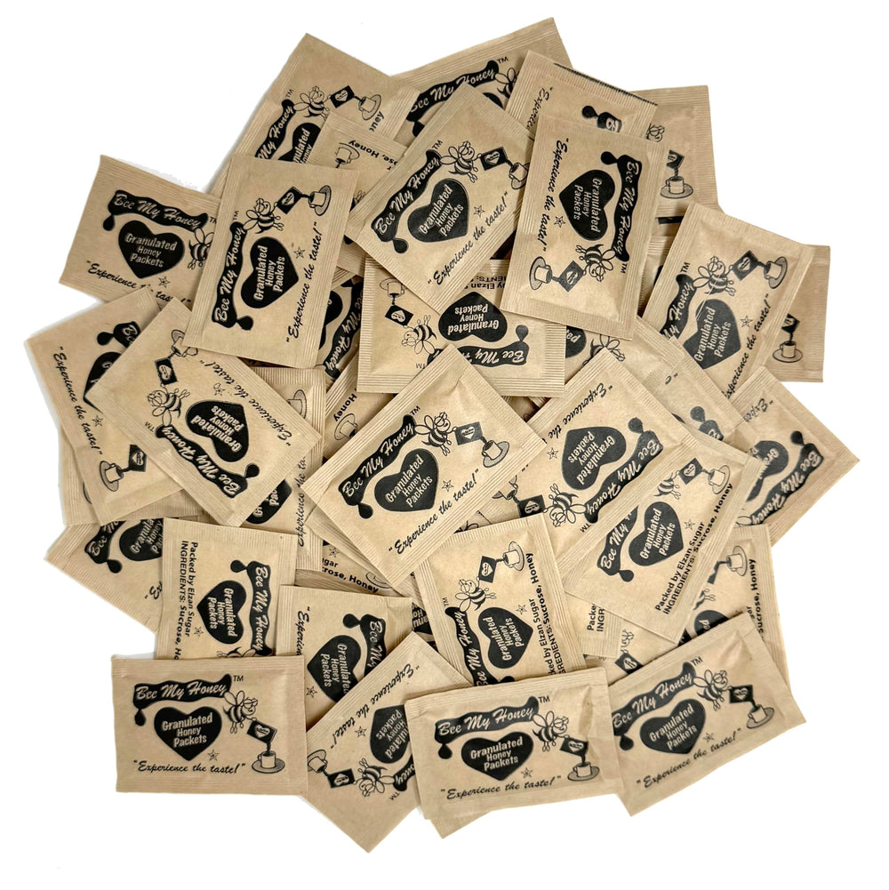 Bee My Honey granulated packets closeup for quick, mess-free sweetening.