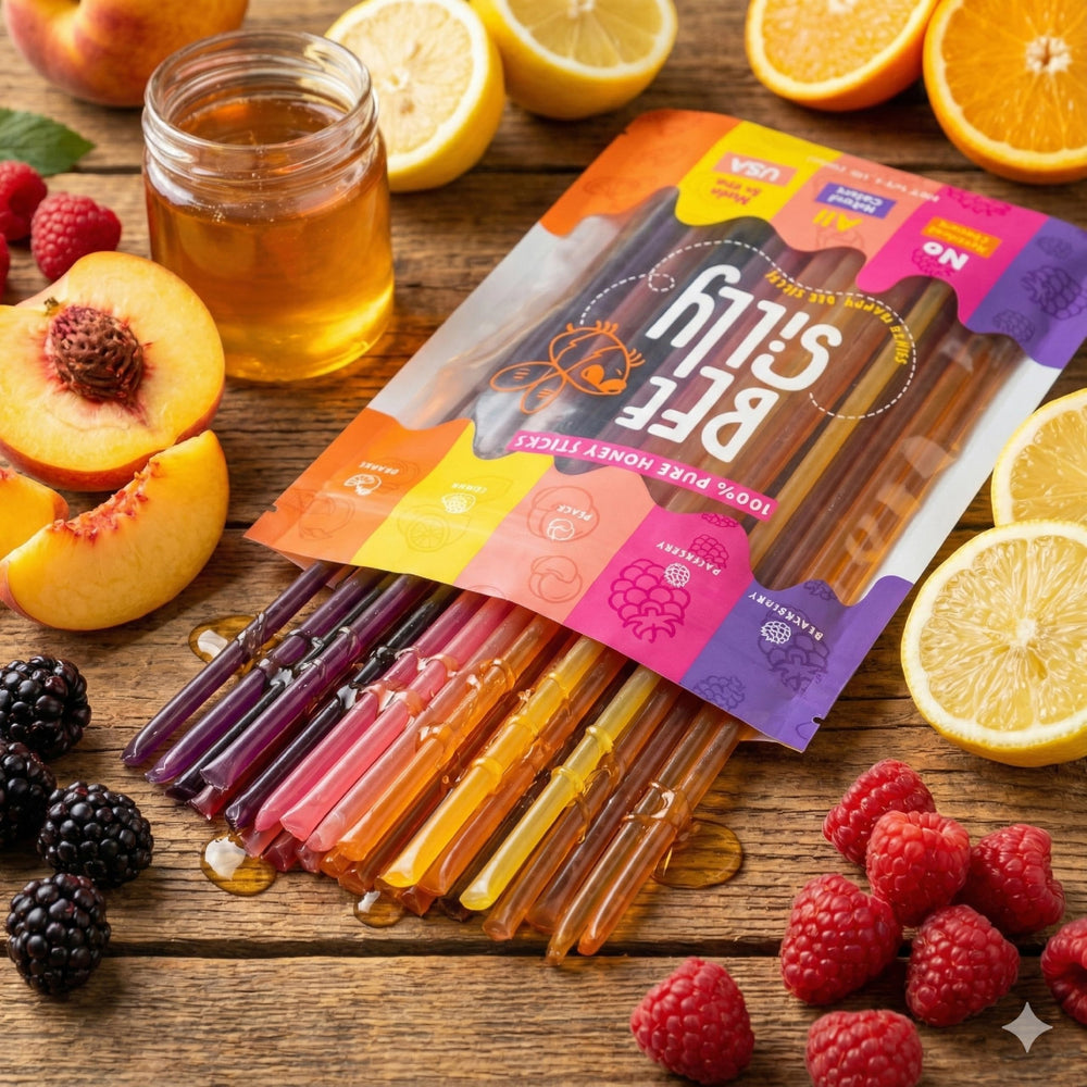 Bee Silly honey sticks stir easily into tea or yogurt.