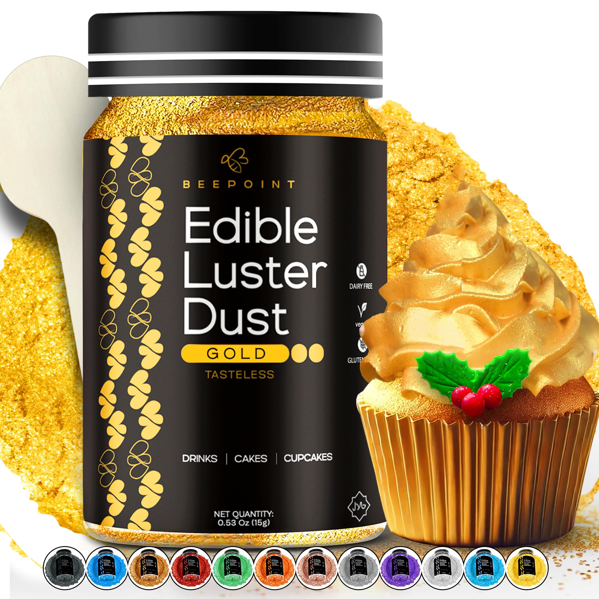 BeePoint Gold edible luster dust bottle closeup highlights premium shimmer for drinks and desserts