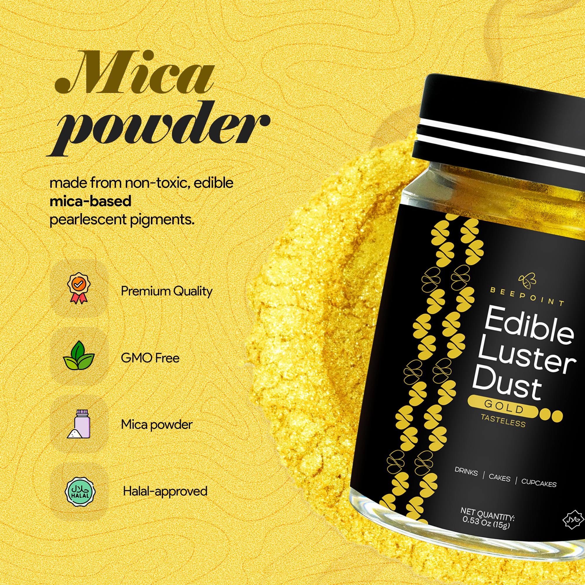BeePoint Gold edible luster dust on cookies enhances shimmering candy accents