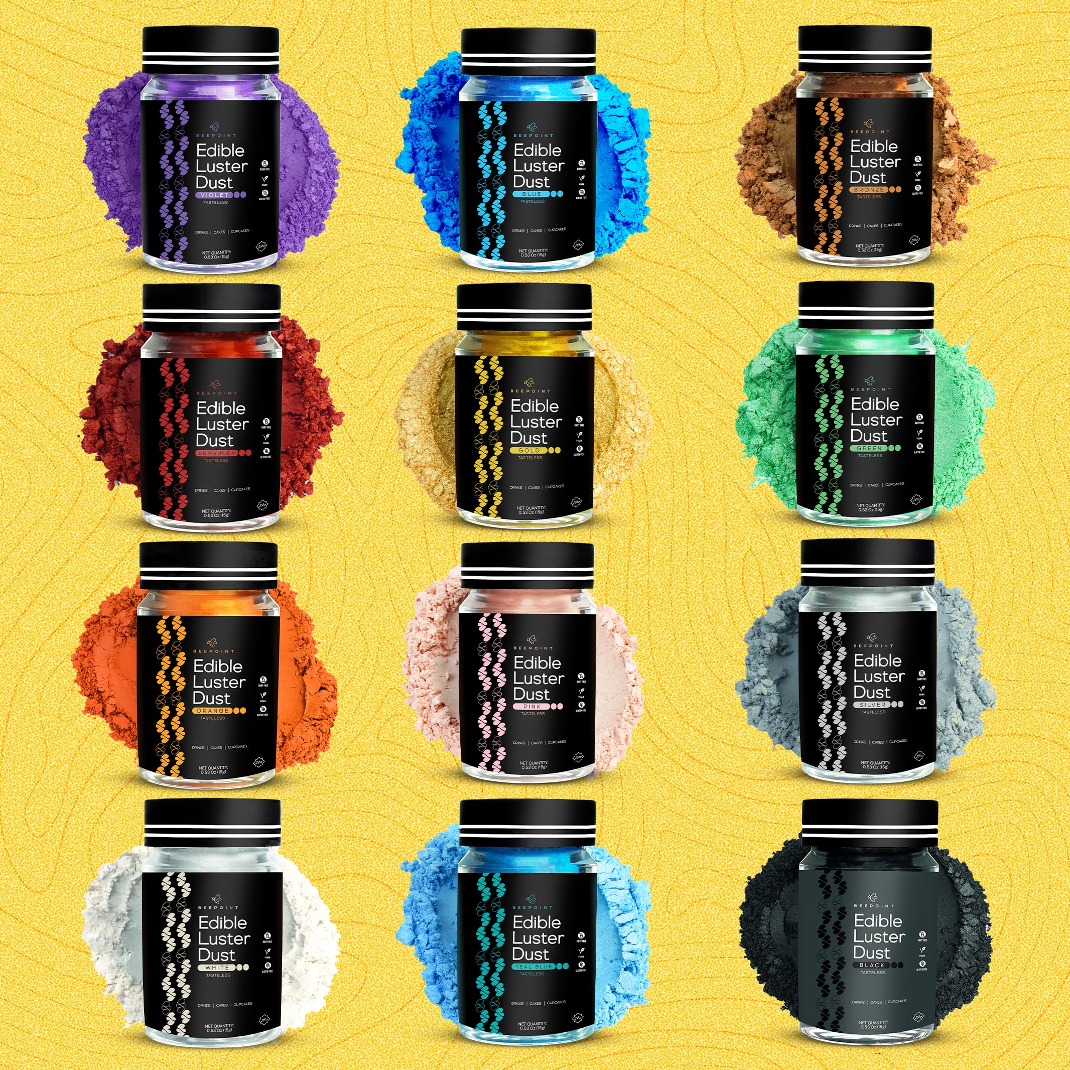 BeePoint Gold edible luster dust closeup emphasizes safe, food-grade glitter for desserts and drinks