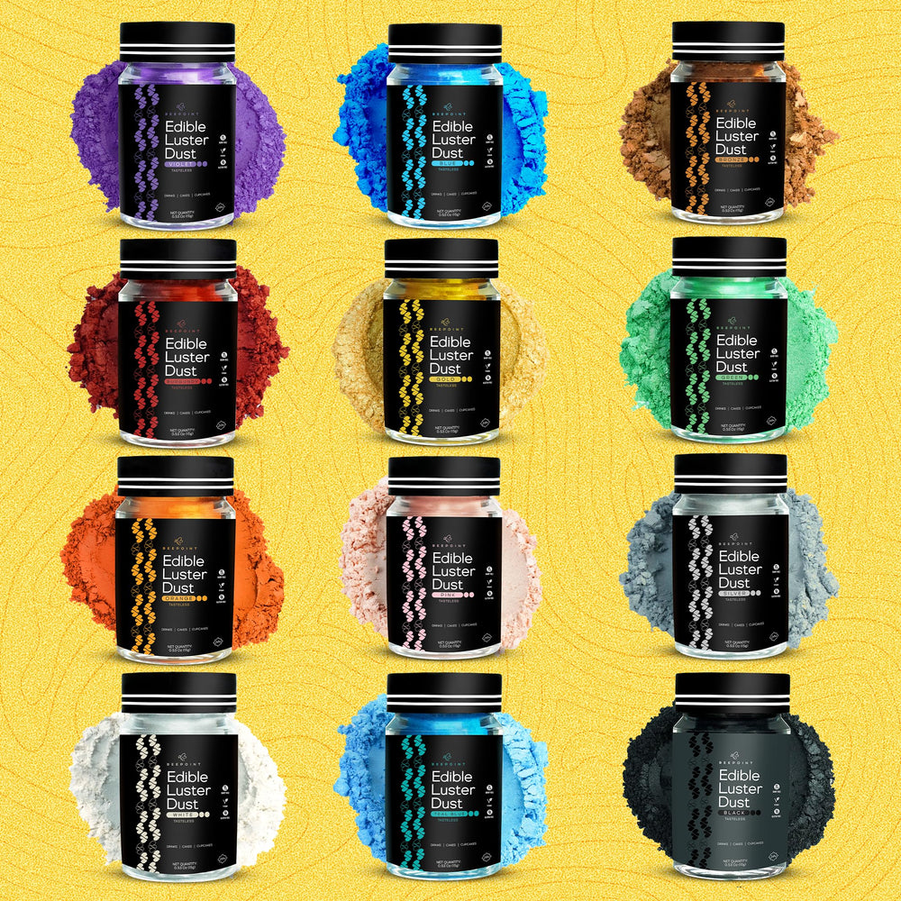 BeePoint Gold edible luster dust closeup emphasizes safe, food-grade glitter for desserts and drinks