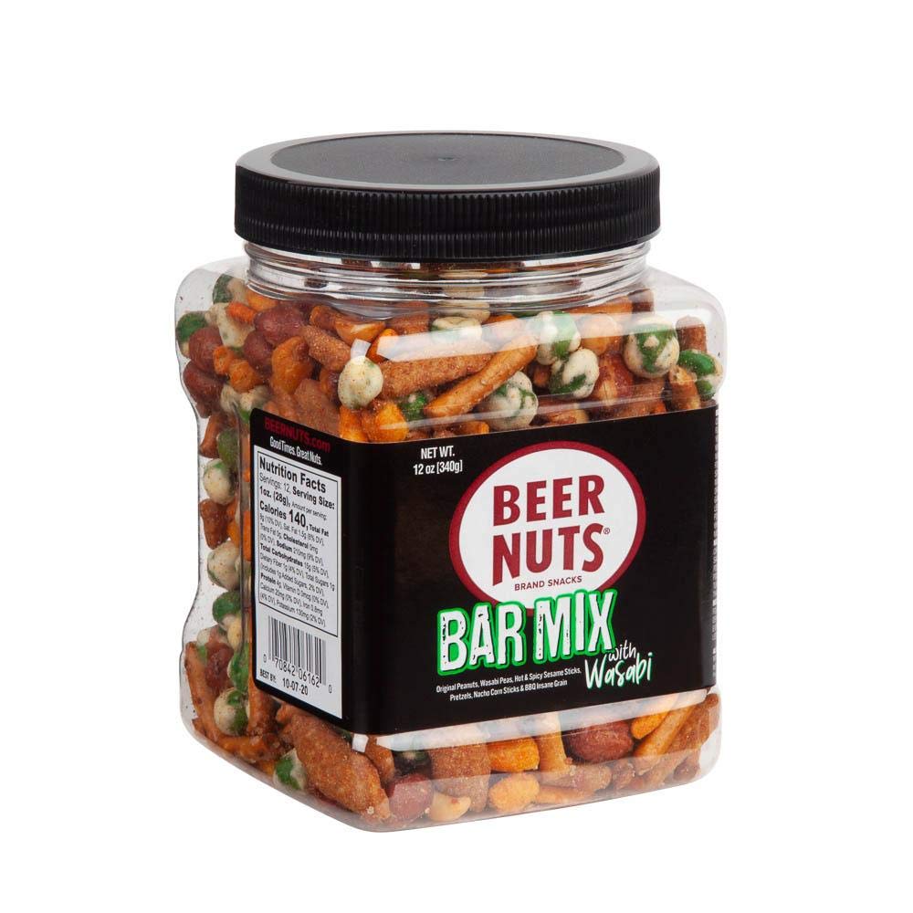 BEER NUTS Bar Mix with Wasabi jar keeps snacks fresh for gatherings.