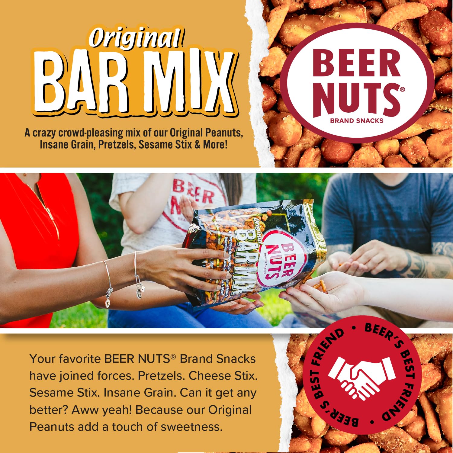 BEER NUTS Original Bar Mix roasted corn nuts add depth and bite.