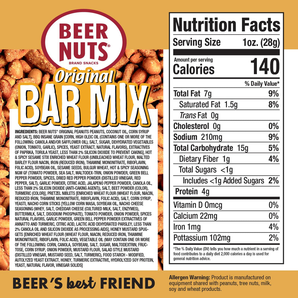 BEER NUTS Original Bar Mix with sesame sticks delivers savory crunch.