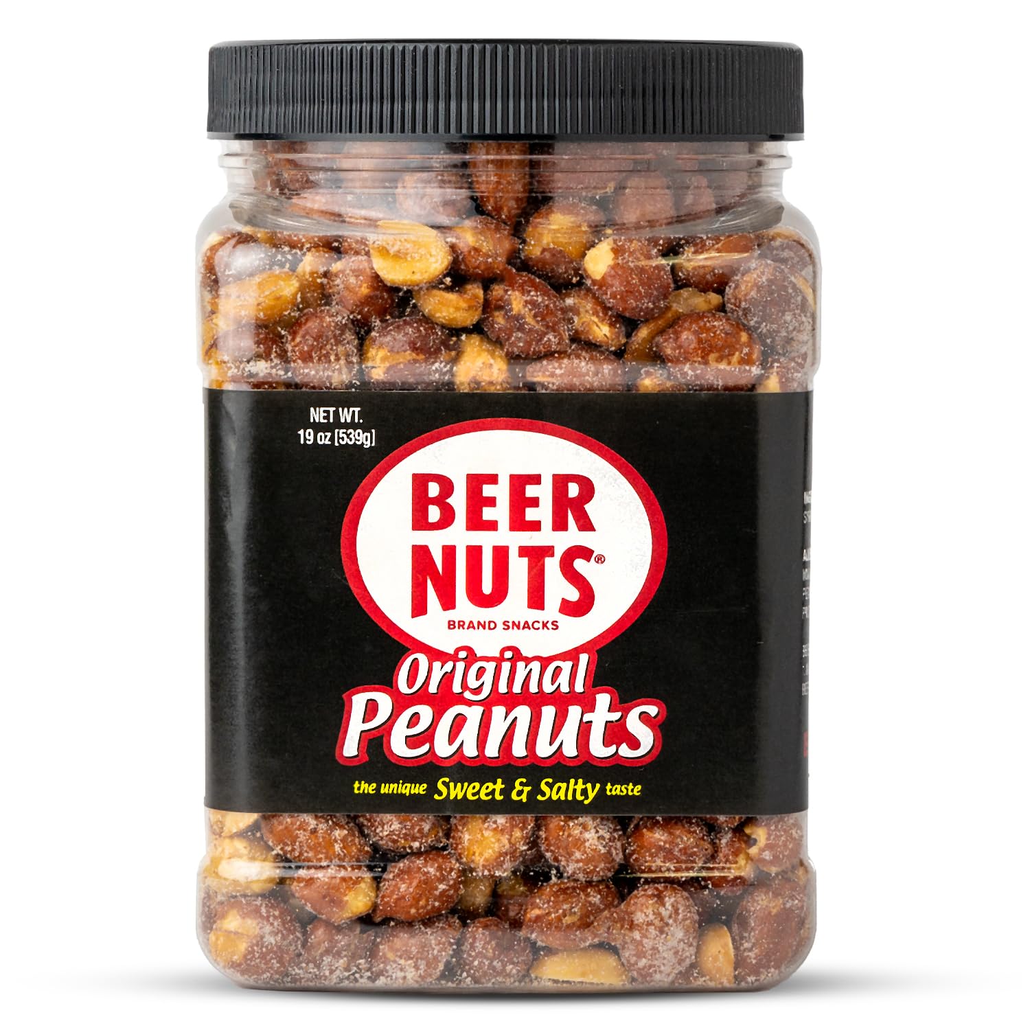 BEER NUTS Original peanuts jar closeup, perfect for pairing with beer and casual snacking.