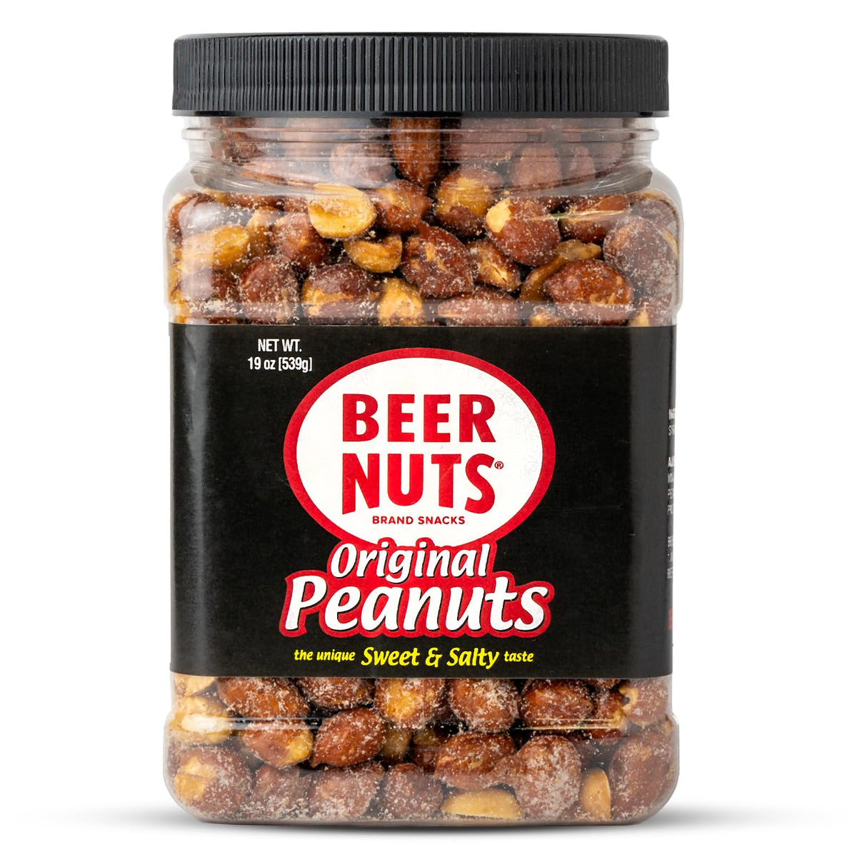 BEER NUTS Original peanuts jar closeup, perfect for pairing with beer and casual snacking.