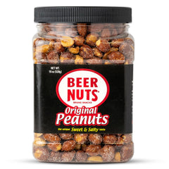BEER NUTS Original peanuts jar closeup, perfect for pairing with beer and casual snacking.