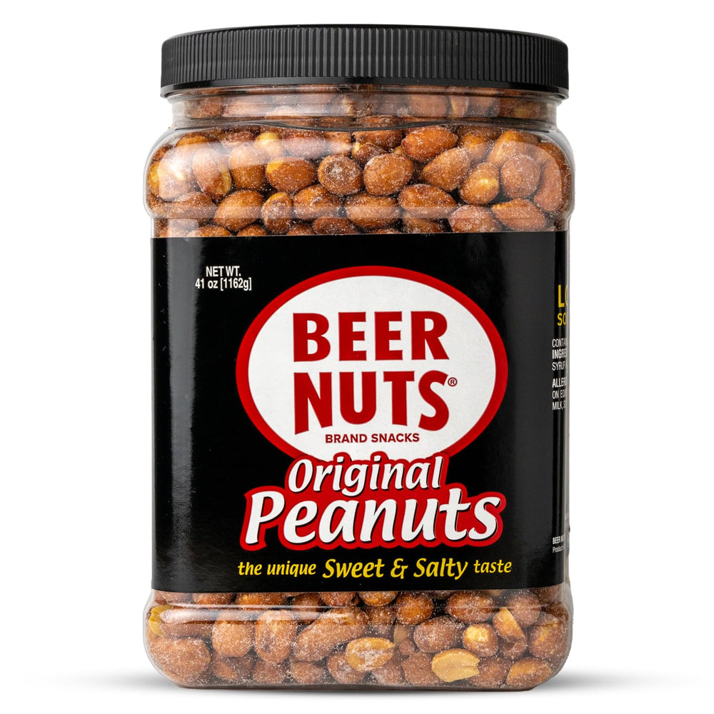 BEER NUTS Original sweet and salty peanuts in a jar for easy snacking.