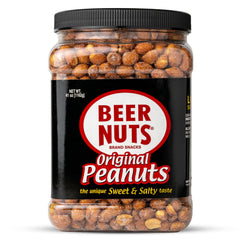 BEER NUTS Original sweet and salty peanuts in a jar for easy snacking.