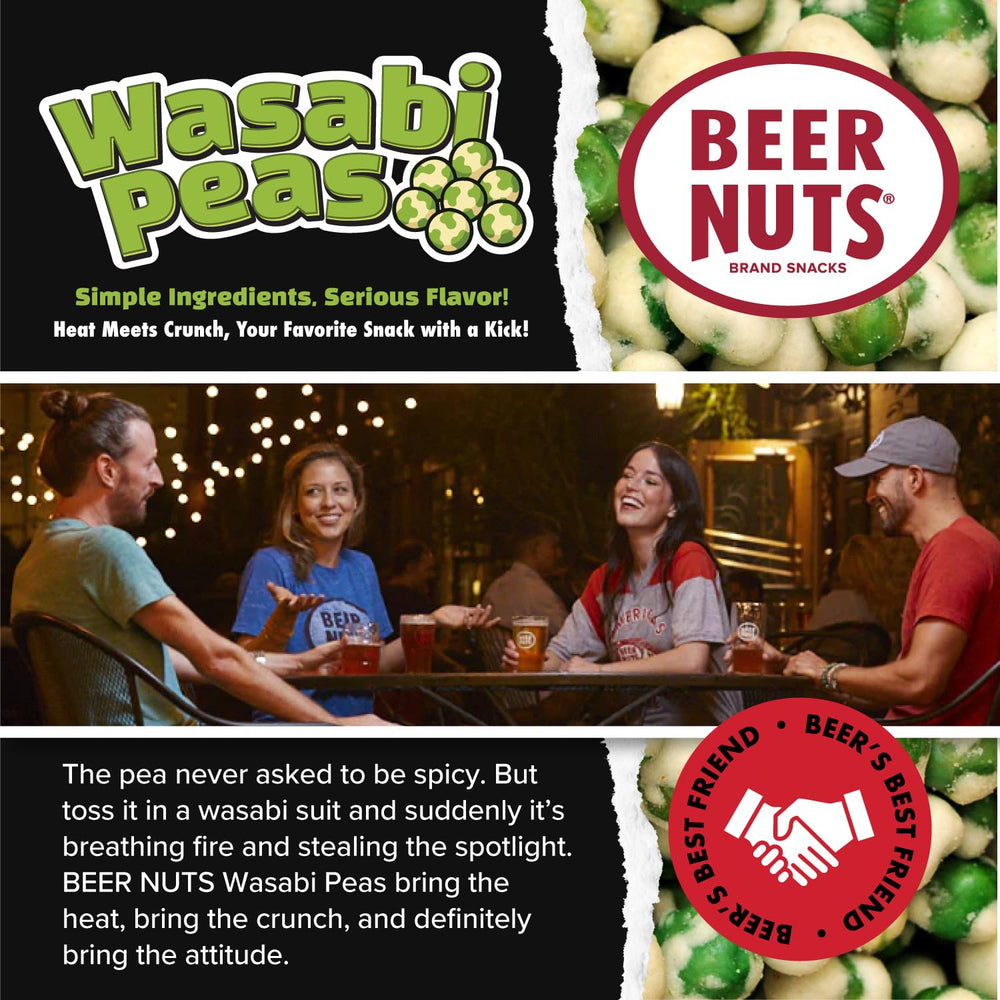 Beer Nuts Wasabi Peas served on a plate with cold beer