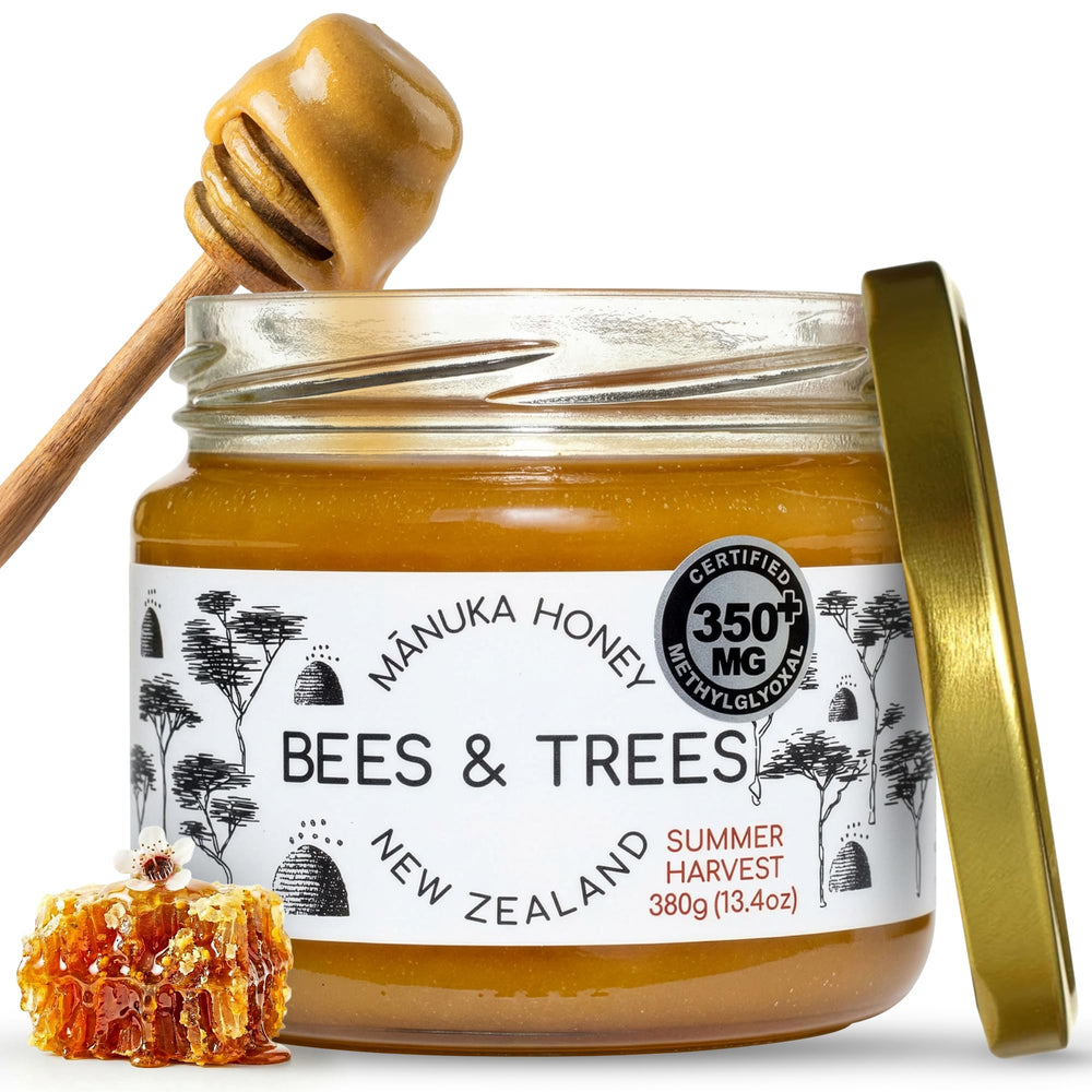Bees & Trees Manuka Honey 350+ MGO in glass jar shows rich amber color for daily use.