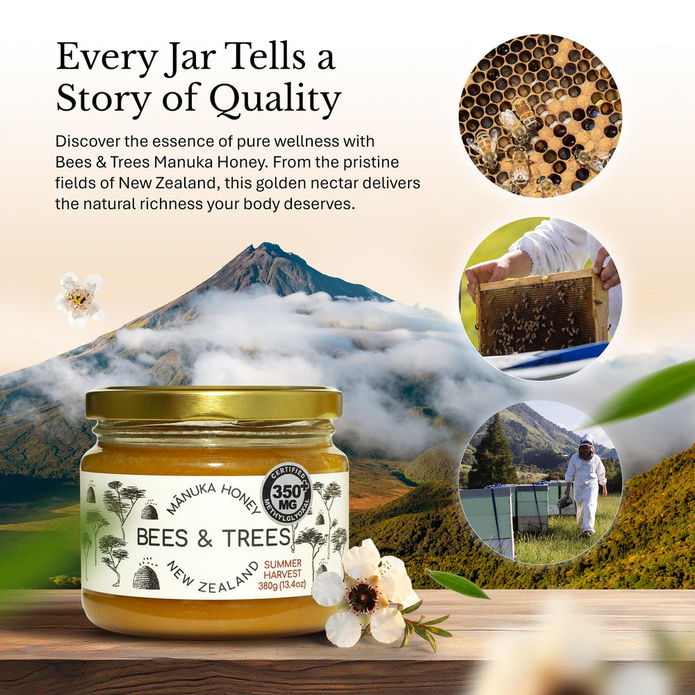 Bees & Trees Manuka Honey 350+ MGO spoon close-up highlights smooth texture.